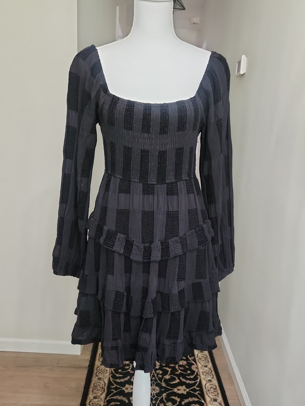 Altar'd State Black Tiered Smocked Square Neck Dress Puff Sleeve Shadow Checks L